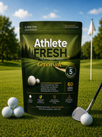 Athlete Fresh Greenside golf laundry detergent — 5 plant-derived ingredients, 60 uses per bag, shown on a golf course